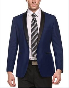 Dostosuj jeden przycisk Navy Blue Groom Tuxedos Szal Lapel Mężczyźni Garnitury 2 Sztuki Wedding / Prom / Dinner Blazer (Kurtka + Spodnie + Krawat) W685