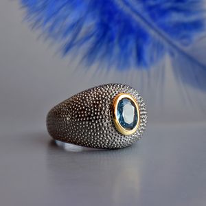 Fashion-Punk Gun Black Ring for Women Copper Jewelry Oval Blue Crsytal Lady Wide Rings 2 tone Jewellery