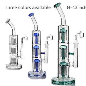 Blue Green Grey Amber Arm Tree Perc Glass Bong Triple Chamber Hookah Bubbler Recycler Percolators Water Pipe Tornado Shisha Oil Dab Rigs com junta de 14 mm