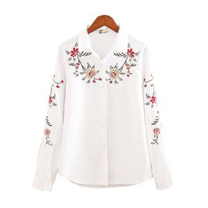 Long Sleeve Floral Women Embroidered Blouse White Elegant Turn-down Collar Office Women Casual Blouse 2019 Spring New Top