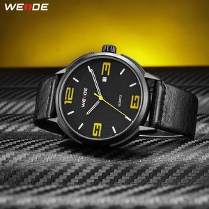 WEIDE High Quality Brand Fashion Casual Calendar Quartz Analog Auto Date Mens Clock Wristwatches Black PU Leather Strap Hours