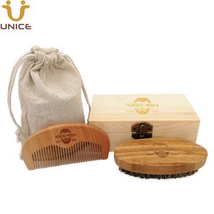 MOQ 100 PCS Custom LOGO Wood Combs & Bamboo Brush with Boar Bristle Beard Care Kits in Gift Box and Linen Pouch for Amazon