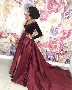 New Sexy Deep V Neck Veet Evening Dresses Wear Long Sleeves Bury Satin High Split Floor Length Party Quinceanera Formal Prom Gowns