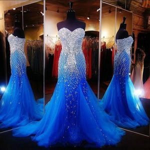 Luxury Ocean Blue Strapless Beaded Mermaid Long Formal Party Evening Gowns Tulle Crystals Sweep Prom Dresses