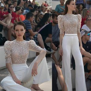2020 Modern Illusion Top Prom Klänningar Lace Appliqued Jewel Neck Women Pant Suits Evening Gowns Runway Fashion