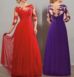 Kırmızı Uzun Kollu Dantel Anne Elbiseleri 3/4 Kollu Uzun Katlı Resmi Aplikler Düğün Konukları Elbise