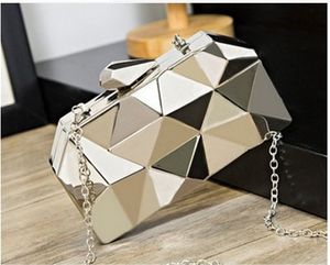Geometric Small Cross Body PU Purse For Women Fashion Clutch Evening Bags Silver Golden Wedding Handbag With Long Metallic Chain217m
