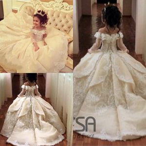 Vintage Princess Flower Girls sukienki koronkowe Off-shoulder specjalne okazje na wesela suknia balowa dzieci suknie na konkurs piękności sukienki komunijne