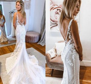 Seksi Dantel Mermaid Gelinlik 2020 Spagetti Sapanlar 3D Çiçekler Aplikler Backless Boho Gelinlikler Sweep Tren Vestidos de novia