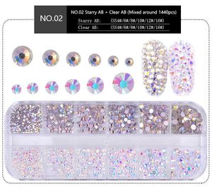 NA053 1 Kutu Çoklu Boyut Kristal Çiviler Dekorasyon Akrilik Yuvarlak Renkli Glitters Rhinestones DIY Nail Art Aksesuar 1440pcs