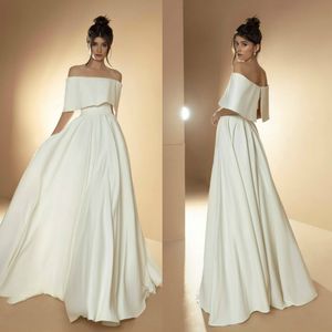 2020 Simple Generous Wedding Dresses Off-shoulder Short Sleeve Satin Cheap Wedding Gown Sweep Train Custom Made Vestidos De Novia Hot Sell