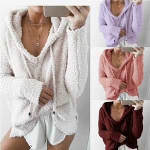 Kvinnor Solid Färg Soft Hoodies Pullover Toppar Fleece Cashmere Blend Loose Sweatshirts Woman Clothing Plus Size S-5XL