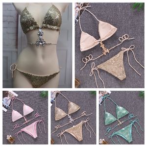 Women Sexy 2 pcs Bikini Underwear Ladies Swimwear Summer Beachwear One Set Bra Underpants Sequined Stone Swimming Clothes 3 Colors