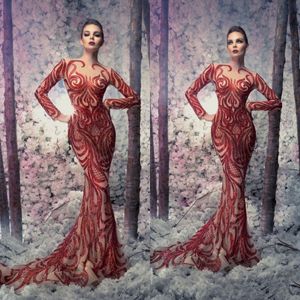 Red Berta Sexy Evening Dresses Mermaid Long Sleeve Illusion Lace Sequined Formal Prom Gowns Sweep Train Sheer Neck Party Pageant Dress