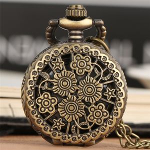 Bronze retrô elegante tamanho pequeno flor oca caixa relógio de bolso relógios analógicos de quartzo com colar corrente presente para mulheres