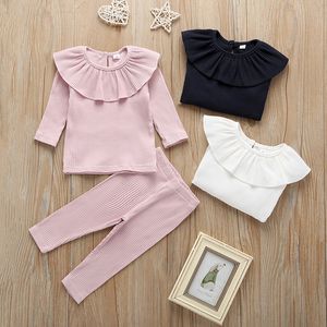 Menina miúdos Fall Primavera Roupa Define sólida Cor de manga comprida Collar Ruffle shirt + calças roupa Define 100% algodão Crianças Two Pieces