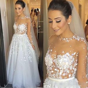 Abiti floreali con applicazioni D Ricami Fiori fatti a mano Corpetto illusione Gioiello Nastro Abito da sposa lunghezza pavimento Vestido De Novia resses e