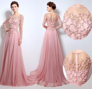 Pink Long Bridal Prom Dresses Illusion Jewel Neck Pearls Sash A-Line Floor Length Tulle Celebrity Party Gowns Major Beading Evening Dresses