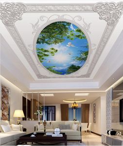 European embossed blue sky and white clouds branches ceiling mural Custom Photo Wall Paper Living Room Mural Natural Straw Wallpaper