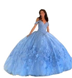 Bahama Blue Quinceanera Suknie Off Ramię Ręcznie Ręcznie Made Flowers Lace Koraliki Bandaż Gown Ball Sweet 16 Dress Sukienka Graduation Vestidos de