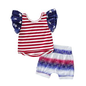 Kids Designer Kläder Tjejer Amerikanska flaggan Outfits Barnstjärna Stripe Toppar + Shorts 2st / Set 4: e juli Mode Baby Kläder uppsättningar C6671