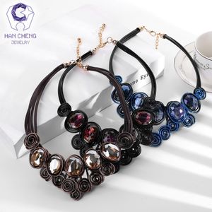 Fashion-New Fashion Handmade Leather Rope Gem Stone Crystal Statement Choker Necklace Women Necklaces & Pendants jewelry bijoux