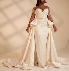 African Long Sleeves Plus Size Mermaid Wedding Dresses With Overskirt Sheer Neck Pearls Beaded Illusion Wedding Dress Bridal Gowns Vestidos