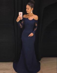 Off The Shoulder Navy Blue Mermaid Prom Dresses Long Sleeves Lace Satin Evening Dresses Formal Evening Dress Elegant Prom Dress Formal Gowns