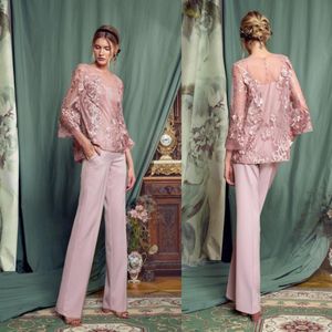 Eleganckie różowe pantowanie Matka panny młodej Suknie Klejnot Neck Długie Rękawy Koronki Prom Dress Szyfonowe Spodnie Formalne Goście Ślubne Tanie