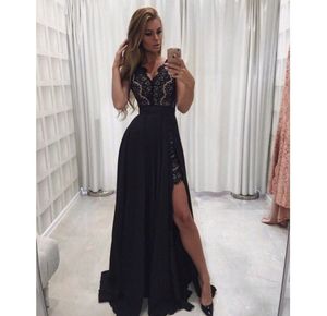 2019 Black Prom Dresses V Neck Linia Szyfonowa Suknie Wieczorowe Z Przodu Sukienka Sukienka