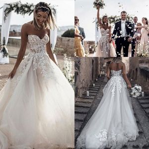 Arabic New Sexy Wedding Dresses A Line Bohemian Sweetheart Lace Appliques Beads Sweep Train Summer Beach Boho Plus Size Formal Bridal Gowns 403