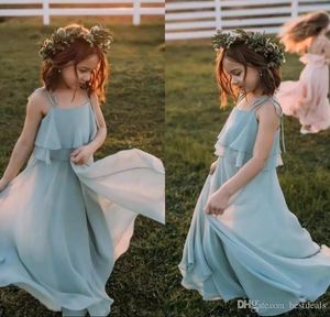 Nyaste Bohemian Mint Flower Girls Dresses Spaghetti Chiffon Pleats Cascading Ruffles Beach Boho Wear for Weddings Girls Pageant Gowns