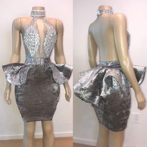 Sexy Backless Prom Dresses Short Halter Beaded Collar Peplum Cocktail Party Dress Appliques Crystals Celebrity Mermaid Evening Gowns Velvet