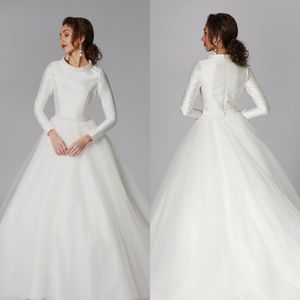 Najnowsza linia Grace Philips sukienki wysokiej szyi z długim rękawem Satin Ruched Wedding Gown Sweep Robe de Mariée