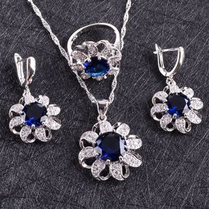 Azul Zircon traje de prata 925 Conjuntos de Jóias Mulheres brincos com pedras Pulseiras NecklacePendant Rings Set Jóias Gift Box CX200623