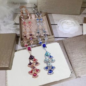 Europe America Fashion Lady Women Brass Color Gemstones 18K Gold Long Necklaces With Tassels Setting Diamond Red/Blue Zircons Fan Pendants