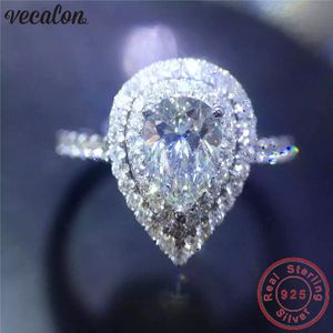 Vecalon ウォータードロッププロミスリング 925 スターリングシルバー婚約指輪ペアカットダイヤモンド結婚指輪リング女性のためのジュエリー