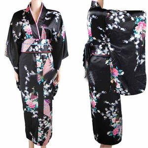 Ethnische Kleidung Ankunft Schwarzer Vintage japanischer Damen-Kimono Haori Yukata Seidensatinkleid Mujeres Quimono Peafowl Einheitsgröße H0030