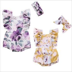 Baby Rompers Headband Suit Girls Floral Summer Jumpsuits Newborn Casual Onesies Infant Butterfly Sleeve Print Bodysuit Climb Clothes C5958