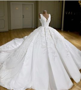 Real Photo Белое шариковое платье V шеи сатин старинные приема свадебное платье свадьбы, длинный триан с бисером 2019 новых Vestidos de Fiesta свадебное платье