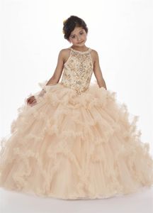 Szampańscy Dziewczyny Korant Suknie Podłogowe Długość Tulle Suknia Balowa Z Sheer Halter Dekolt Zroszony Koronki Ruffled Spódnica Puffy Flower Girl Dress