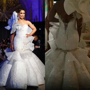 Lace Stylish Sparkly Beaded Crystals Mermaid Bridal Dresses One Shoulder Sexy Wedding Gowns Vestido De Novia