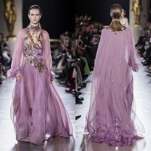 Elie Saab 2019 Lila A Line Aftonklänningar med paljetter Pärlor Höghalsade Balklänningar Sweep Train Långärmad festklänning