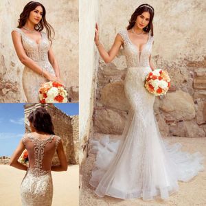 Kitty Chen 2019 Meerjungfrau-Strandhochzeitskleider mit Perlen verziert, V-Ausschnitt, Spitze, appliziert, Boho-Tüll, lange Schleppe, Brautkleider, Brautkleid mit Flügelärmeln