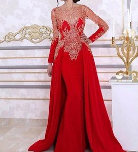 Red Satin Mermaid Evening Dresses 2020 Arabic Sheer Long Sleeve Lace Applique Sweep Train Formal Party Prom Dresses With Detachable Train