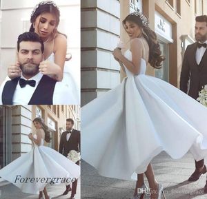 2019 Cheap Said Mhamad A Line Wedding Dress Romantic Spaghetti Straps Tea Length Backless Summer Reception Bridal Gown Custom Made Plus Size