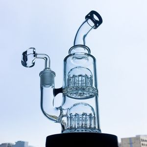 8 Inch Mini Toro Glass Bongs 12 Arm Double Tree Perc Water Pipes Steady Base Small Dab Oil Rigs Bent Neck Wax Water Bong 5mm Thick YQ01