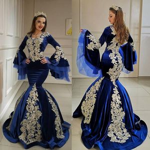 Royal Blue Mermaid Prom Dresses Scoop Neck Poet Long Sleeves Appliques Beads Evening Gowns Sweep Train Formal Party Wear Evening Gowns