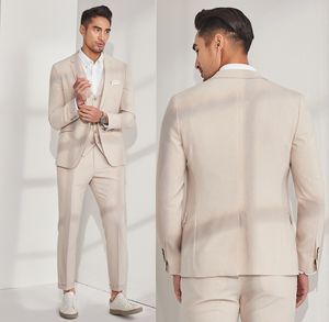 Abiti da uomo beige Abiti da sposa semplici Sposo su misura Groomsmen 3 pezzi Slim Fit Blazer formale Smoking da ballo