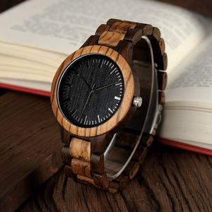 Whole- BOBO BIRD D30 Reloj redondo vintage con caja de madera de cebra para hombre con esfera de madera de bambú de ébano y correa de madera de bambú de cebra Japanese225C